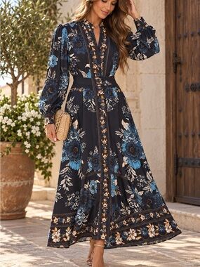 Caroline Constas Navy Floral Long Sleeve Maxi Dress